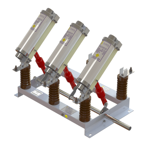 Chave seccionadora tripolar modelo SAFI Sarel com fusível integrado — proteção e seccionamento para subestações de 5kV a 36kV — fabricado por Sarel, Diadema/SP