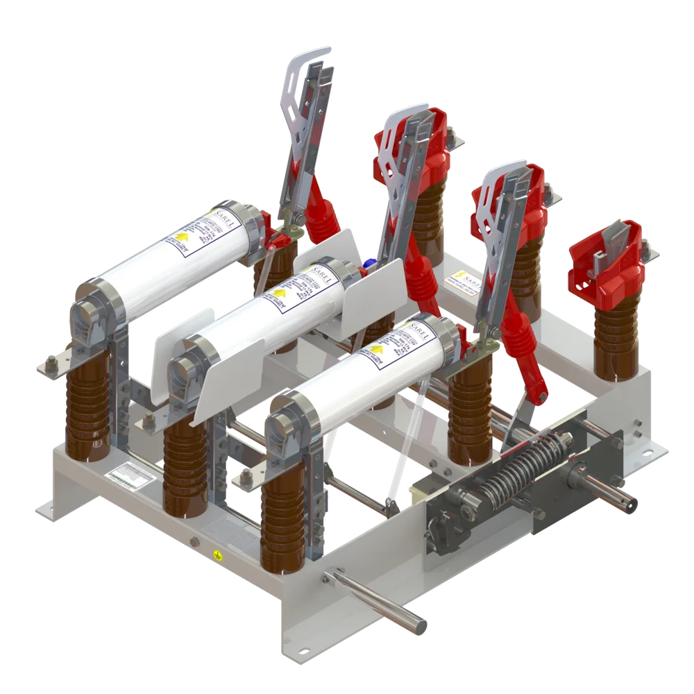 Chave seccionadora tripolar SRFALTI Sarel com fusível HH integrado, aterramento lateral e intertravamento mecânico — equipamento para subestações industriais de 5kV a 36kV